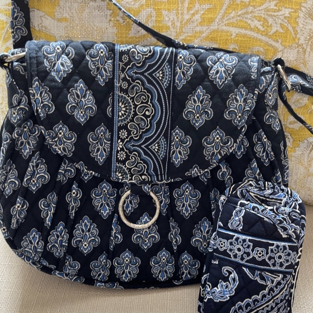 Vera Bradley Blue Bandana Shoulder Cross Body Flap Bag w/ accessories EUC